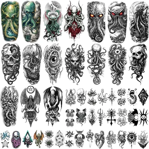 Vista 8 de 77 hojas de tatuajes temporales realistas en 3D para adultos y niños, calavera de araña, tigre, león, dragón, serpiente, tatuajes temporales