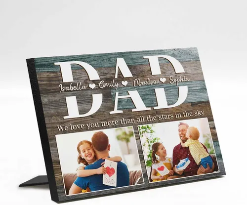 Vista 32 de InterestPrint Panel de fotos personalizado para papá y nombre para exhibición de mesa, Papá te amamos más que todas las estrellas en el cielo, marco