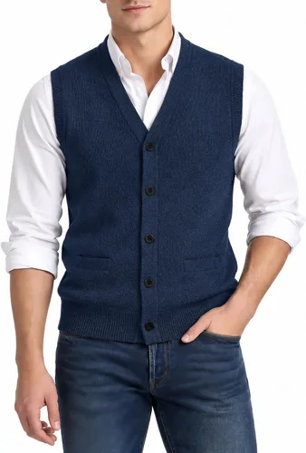 Vista 8 de Cloudstyle Chaleco de suéter para hombre con cuello en V y botones Negro