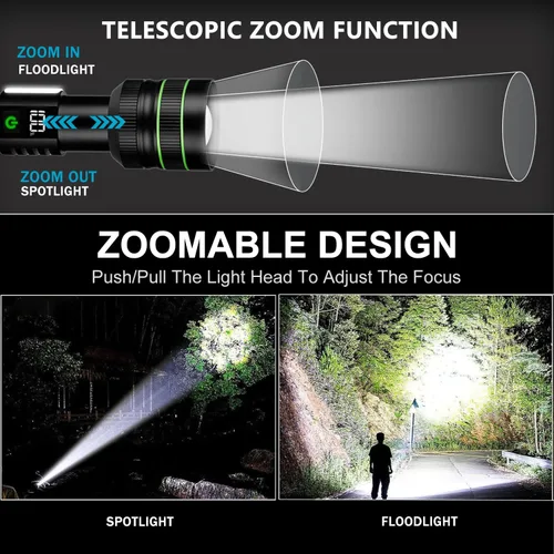 Vista 4 de KZK Linterna recargable de 9000 lúmenes altos con mango largo, potente linterna de mano con 11 modos de luz, impermeable y zoomable para el hogar