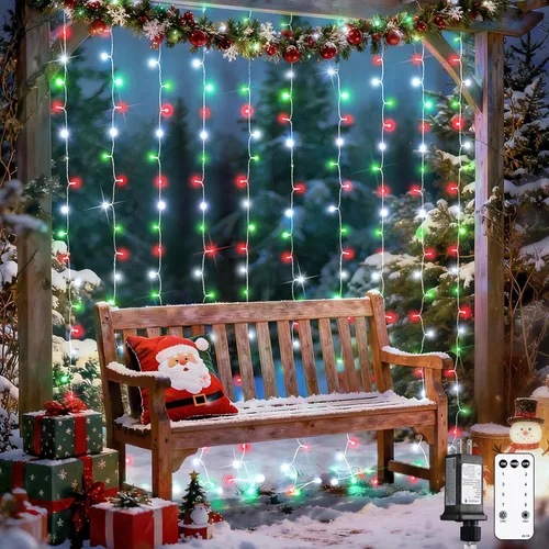 Vista 19 de JMEXSUSS 200 luces LED de cortina rojas, blancas y azules, 6.5 pies x 6.5 pies, 4 de julio, luces USB enchufables, 8 modos patrióticos de cortina