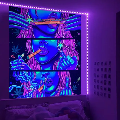 Vista 3 de Tapiz hippie hippy de pared Trippy para fumar, tapices de luz negra para fumadores, decoración de habitación, accesorios de marihuana, tapices