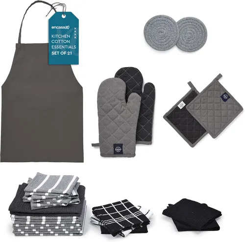 Vista 10 de Encasa XO Juego de toallas y paños de cocina Juego de 21 piezas de artículos esenciales de apartamento Manoplas de horno y soportes para ollas