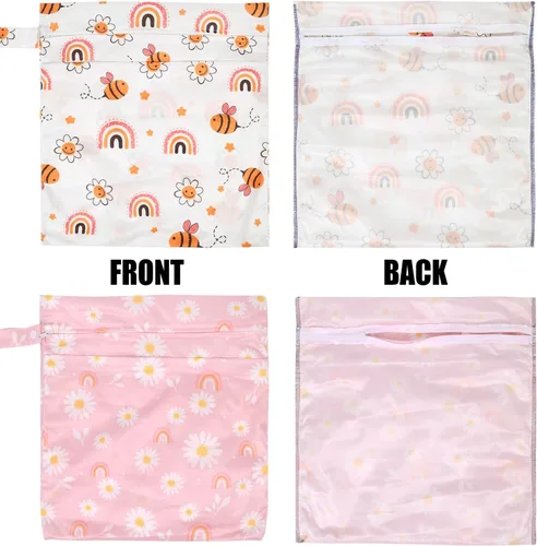 Vista 4 de 2 bolsas de tela para pañales húmedos y secos, bolsa impermeable reutilizable con 2 bolsillos con cremallera y asa, bolsas de lavandería lavables