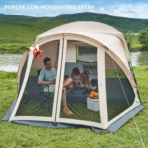 Vista 2 de Tienda de campaña para 6/8/10 personas con porche de pantalla, tienda de campaña grande resistente a la intemperie con lluvia y bolsa de transporte
