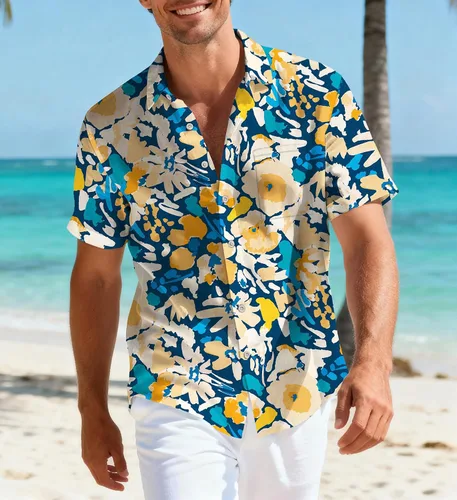 Vista 11 de Camisas hawaianas para hombre, casual, manga corta, con botones, tropical, verano, playa, con bolsillo Camisas de bolos negras para hombre