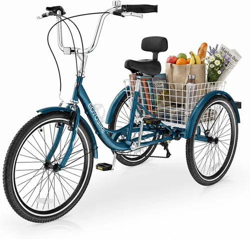 Vista 8 de Slsy Triciclo para adultos de 7 velocidades, 20/24/26 pulgadas, bicicleta de 3 ruedas para adultos con cesta de compras grande, capacidad de 350