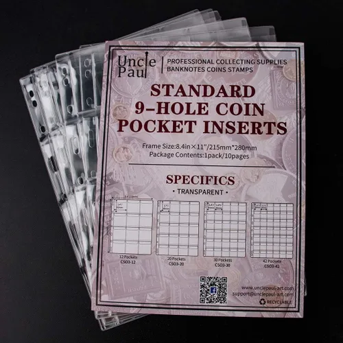 Vista 5 de Páginas para Recolectar Monedas de Uncle Paul 5 Hojas 12 Bolsillos Fundas Estándar con 9 Orificios para Insertar Monedas Fundas para Coleccionistas