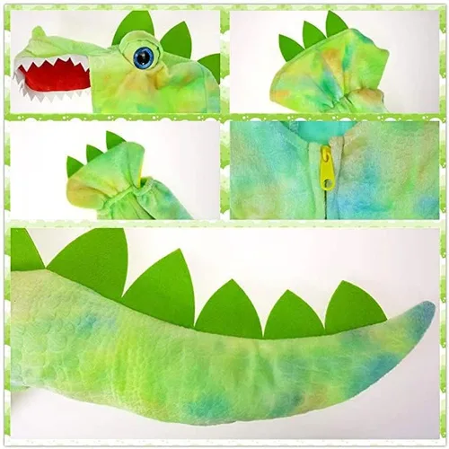 Vista 5 de DearSun Disfraz de dinosaurio T-Rex para niños, disfraz de dinosaurio con capucha (XL130, verde)