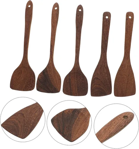 Vista 2 de Juego de utensilios de cocina de madera de 5 piezas para utensilios de cocina antiadherentes, cuchara de sopa de mango largo, práctica pala