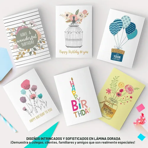 Vista 7 de Dessie 30 tarjetas únicas de feliz cumpleaños 5x7 - Tarjetas de cumpleaños a granel con lámina dorada con mensaje en el interior. 32 sobres blancos