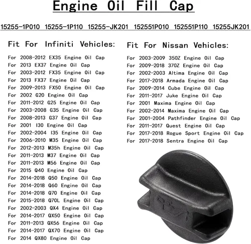 Vista 2 de Tapa de llenado de aceite de motor 15255-1P010 para Nissan EX35 EX37 FX35 FX37 FX50 G20-G37 I30 I35 M35 M35H M37 M56 Q40-Q70 QX4 QX50 QX70 QX80 0