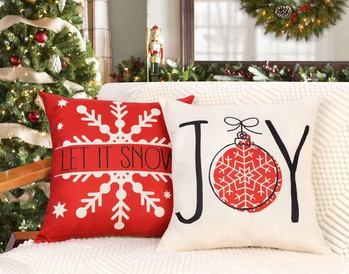 Vista 5 de Juego de 4 fundas de almohada rojas de Navidad de 18 x 18 pulgadas, decoración navideña de granja con texto en inglés "Merry Tree Joy Let It Snow