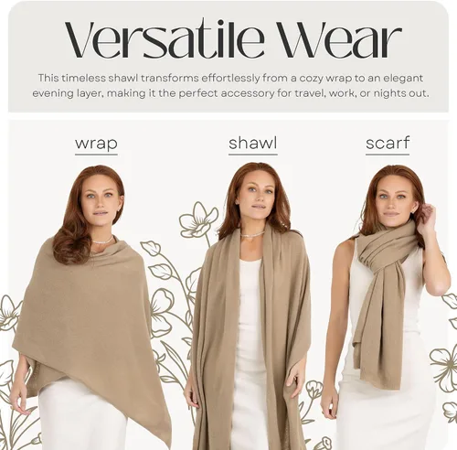 Vista 2 de Velanio Cashmere Bufanda de pashmina de cachemira 100% tejida, chal extra grande para mujer, estola de viaje Camello