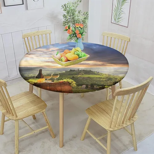 Vista 2 de Mantel redondo ajustado para bodega, diseño de nubes de amanecer en la Toscana con borde elástico, estampado de poliéster, se adapta a mesa redonda