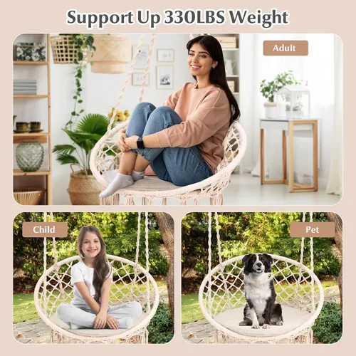 Vista 8 de Tangkula Silla hamaca con cojín, estilo bohemio de macramé con kit de accesorios para colgar y correa, columpio de cuerda colgante para interiores