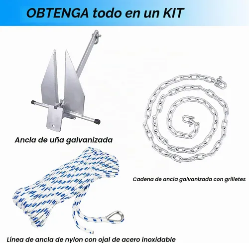 Vista 2 de Young Marine El kit de anclaje galvanizado estilo Fluke incluye anclaje galvanizado Fluke, cuerda, grilletes, cadena de 8 libras, 10 libras, 13