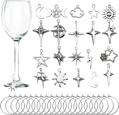 Vista 6 de 20 piezas de dijes para copas de vino, marcadores de bebida con texto de inspiración y temática de cáliz con diseño de hebilla para vino, cóctel
