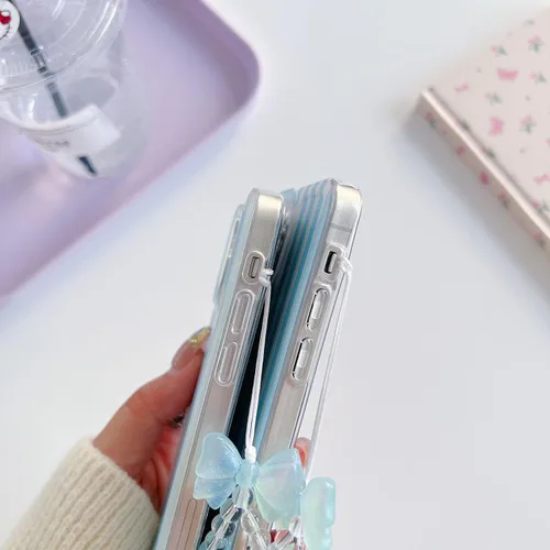 Vista 5 de Bonita funda a rayas para iPhone 6 Plus iPhone 6s Plus con cadena de cuentas, estética suave y delgada, funda protectora de poliuretano