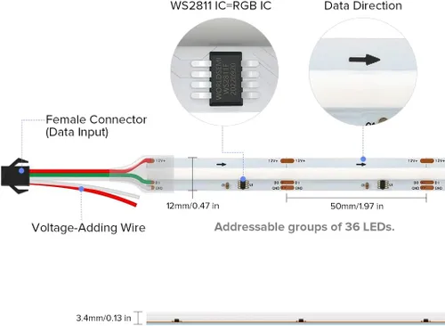 Vista 6 de WS2811 Smart IC RGB COB LED Tira de 16.4 pies, 12 V, flexible de alta densidad, uniforme, persecución de mazorca, tiras direccionables
