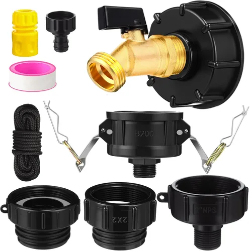 Vista 11 de Ibc Tote Adapter, Válvula Doble Azul, 3/4 '' macho Npt a 3/4 '' Ght Válvula Ibc para tanque de agua de 275-330 galones, válvula de grifo de manguera