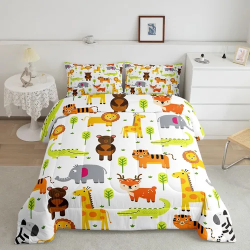 Vista 2 de Erosebridal Juego de ropa de cama individual de animales del zoológico para niños, lindo juego de edredón de animales salvajes de dibujos animados