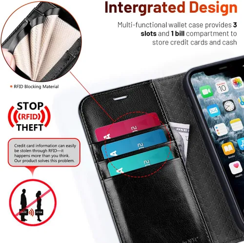Vista 3 de OCASE Compatible con iPhone 12 Case/Compatible con iPhone 12 Pro Wallet Case, funda tipo cartera de piel sintética con tapa y tarjeteros con bloqueo