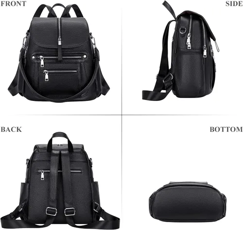 Vista 4 de ALTOSY Mochila de cuero para mujer, bolso casual de moda con múltiples bolsillos y solapa