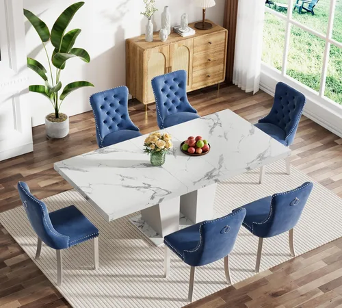 Vista 113 de Juego de mesa de comedor extensible marrón de 63 a 78.74 pulgadas para 4, juego de mesa de comedor de 5 piezas con 4 sillas, mesa de cocina