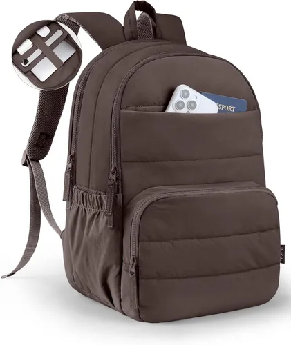 Vista 11 de Mochila de viaje Uselike para mujeres, mochila para portátil de 15.6 pulgadas, mochila universitaria acolchada, mochilas de trabajo bonitas, Beige