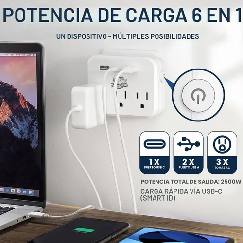 Vista 2 de Regleta de alimentación sin sobretensión (6 en 1) compatible con cruceros con 3 salidas de CA, 2 puertos USB y 1 USB-C, 2500W, carnaval, noruego