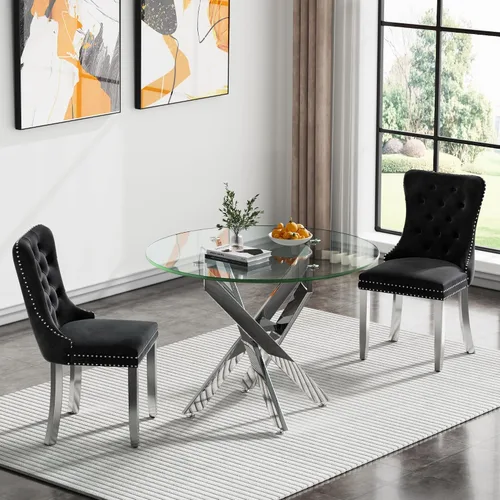 Vista 34 de HomVent Juego de mesa de comedor redonda de vidrio para 2, moderno juego de mesa y sillas de cocina de vidrio templado, juego de mesa de comedor