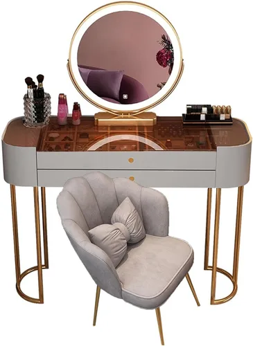 Vista 8 de Escritorio de tocador con espejo de luces regulables, mesa de tocador de maquillaje con 2 cajones y mesa de cristal, juego de mesa de tocador