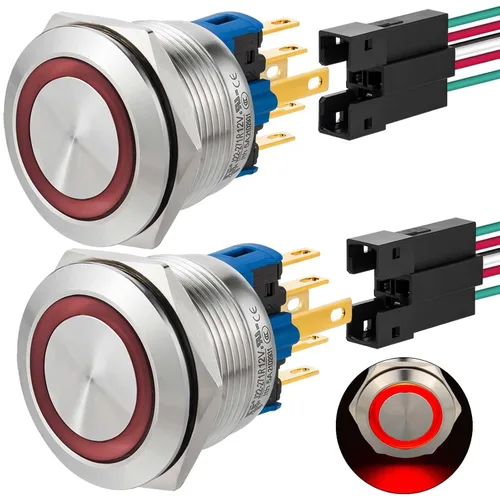 Vista 9 de 2 interruptores de botón de cierre de 0.866 in, 7/8 pulgadas, 110 V-120 V, SPDT, interruptor de encendido y apagado, impermeable, IP67, acero Azul