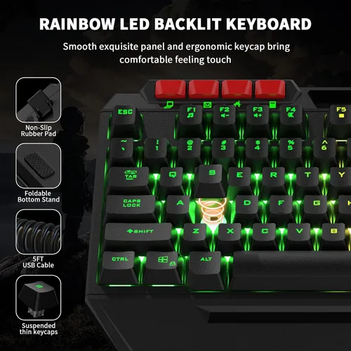 Vista 3 de AULA Combo de teclado para juegos, mouse y alfombrilla de ratón, paquete de teclado retroiluminado LED RGB, combo de teclado con cable USB