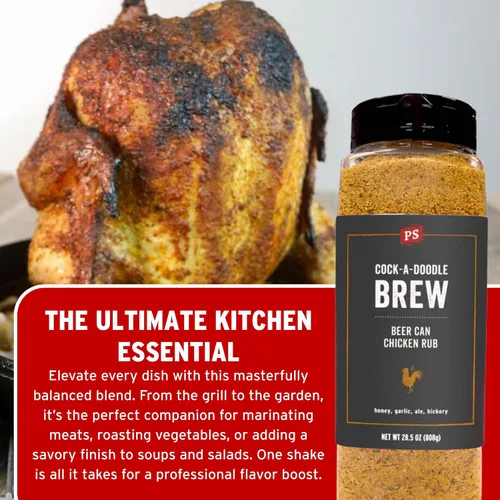 Vista 4 de PS Seasoning Cock-A-Doodle Brew - Condimento y Rub para Pollo en Lata de Cerveza para Ahumado y Asado - Mezcla seca de Ajo, Paprika, Ale de Miel