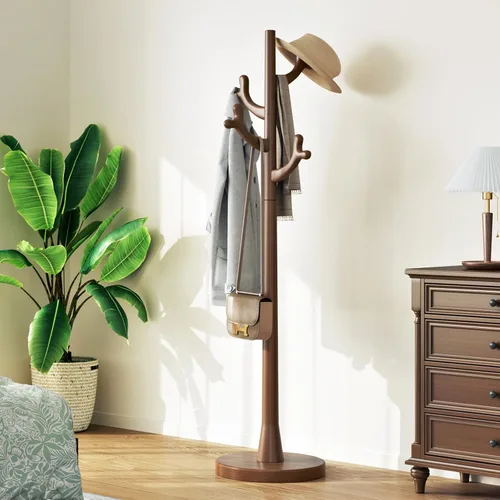 Vista 13 de Perchero negro independiente de madera maciza - Moderno árbol de madera independiente resistente con 7 ganchos creativo de aspecto de rama de árbol