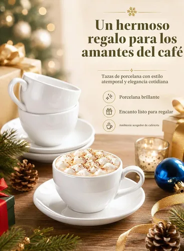 Vista 6 de Juego de tazas de café de porcelana con platillo, taza y platillo de Blanco
