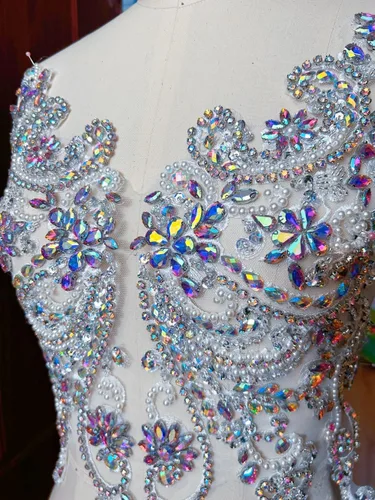 Vista 4 de Apliques de encaje hechos a mano con diamantes de imitación para coser en cuentas de vidrio, accesorios para ropa de vestir (color AB)