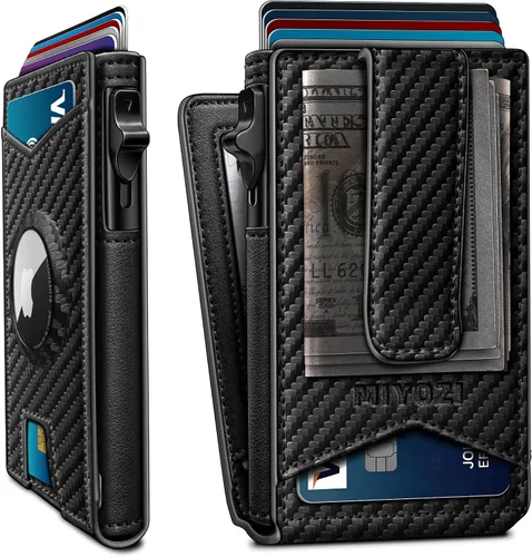 Vista 18 de miyozi Airtag - Cartera para hombre con clip para dinero, 9 tarjetas, con ventana de identificación, bloqueo RFID, funda de metal, cierre magnético