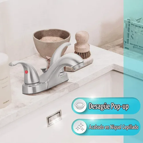 Vista 2 de Grifo de lavabo de baño central de dos asas, níquel cepillado 1.2 GPM Flow, 3-Hole, Decorative Lever Handles, Deck Mount, WaterSense, Double