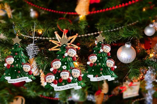 Vista 5 de Adornos de Navidad personalizados, adornos para árbol de Navidad, familia de 2 a 7 nombres, muñeco de nieve, ciervo, decoración de Navidad
