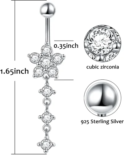 Vista 6 de Anillos colgantes de plata de ley para el ombligo para mujeres y niñas, anillos de ombligo con circonita cúbica para el cuerpo, Plata de ley