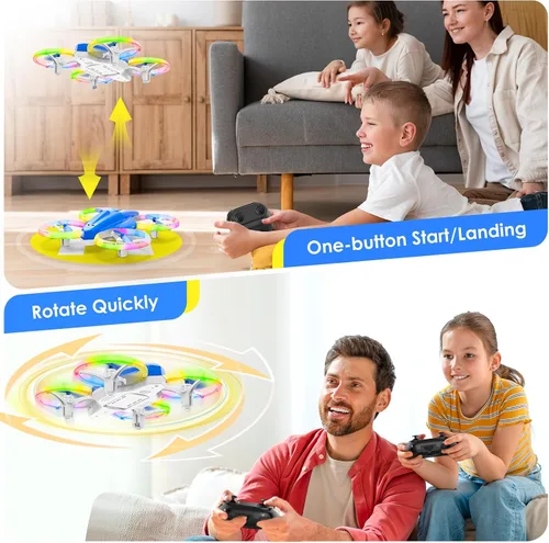 Vista 6 de Dron para niños y principiantes con luz LED, pequeño dron de interior con luces RC, voltereta de 360, 2 baterías, juguete volador para niños, regalo