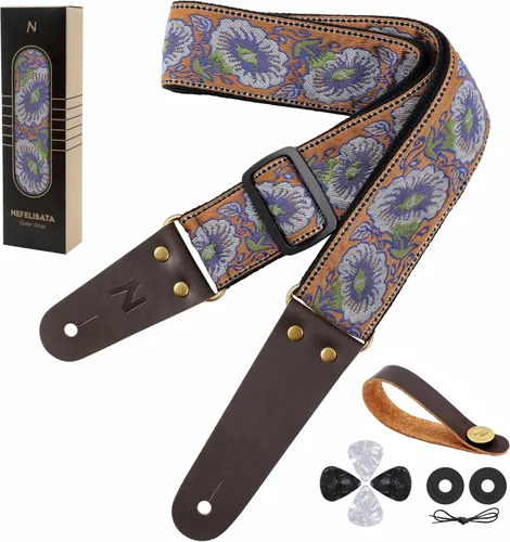 Vista 21 de Nefelibata Correa de guitarra, correas de guitarra de algodón bordadas con extremos de cuero de vaca para bajo, guitarras eléctricas y acústicas