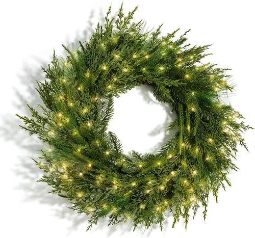 Vista 9 de LampLust Corona de Navidad para puerta delantera con luces, corona de ciprés de 22 pulgadas