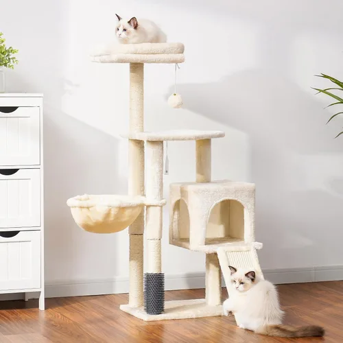 Vista 8 de Heybly - Árbol de gato con cepillo autolimpiante, torre de gato para interior con plataforma acolchada de felpa, casa de gato con cesta, poste