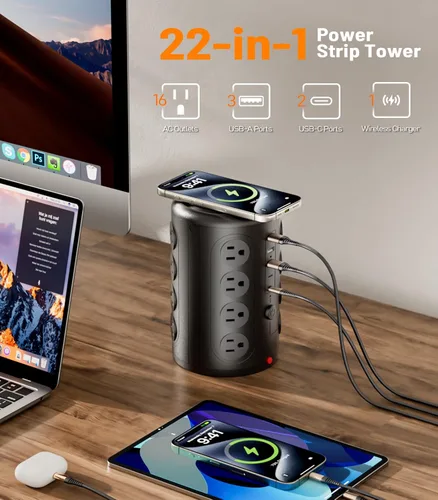 Vista 2 de Torre de tira de alimentación con protector de sobretensión, TenTrend con 16 tomas de corriente y 5 puertos USB (2 USB-C), estación de carga de 2000