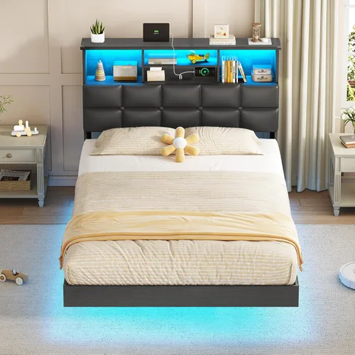 Vista 7 de VIAGDO Base de cama flotante tamaño Twin con cabecera y almacenamiento, base de cama tapizada de plataforma Twin con estación de carga USB y Tipo C