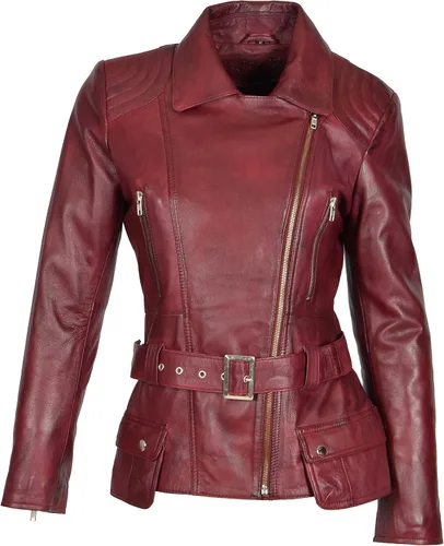 Vista 3 de Chaqueta casual Celia Borgoña con cinturón de cuero real para mujer